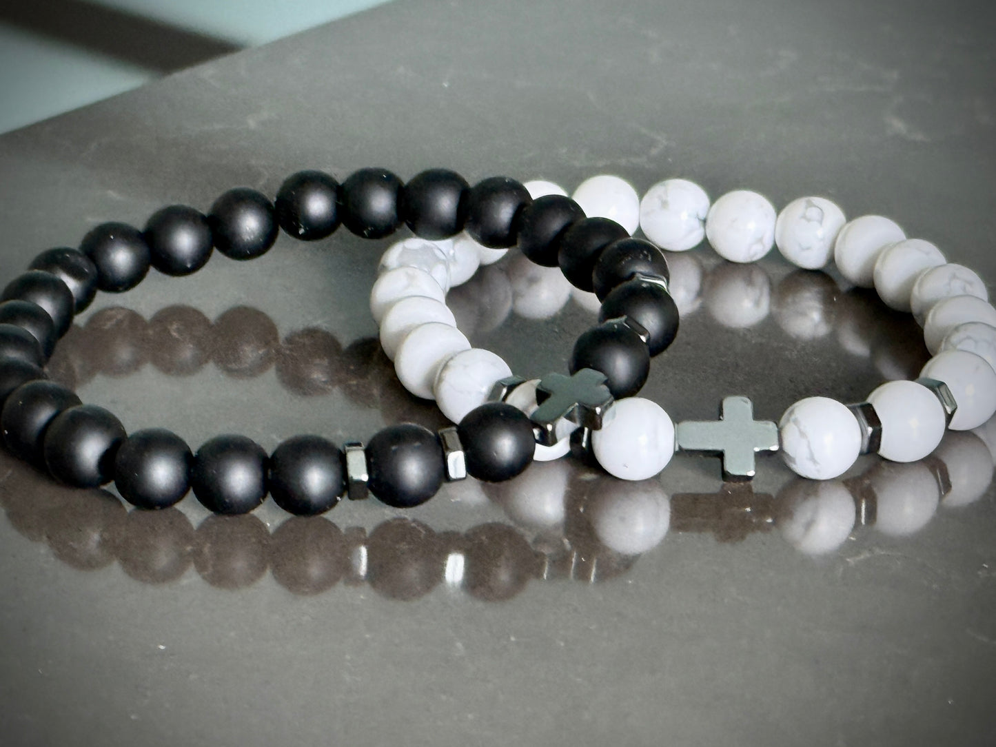 Jewelry - His & Hers Black Onyx and White Howlite Bracelet with Hematite Cross