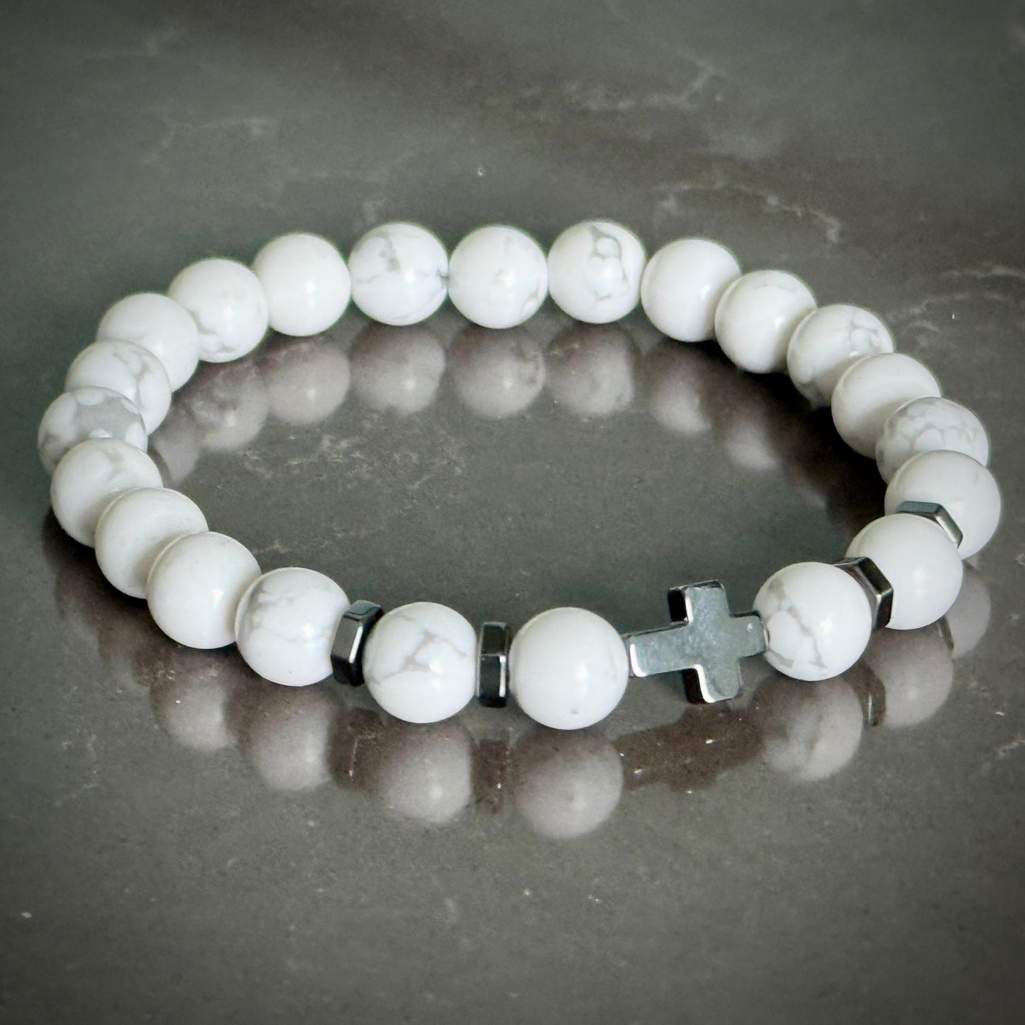 Jewelry - His & Hers Black Onyx and White Howlite Bracelet with Hematite Cross