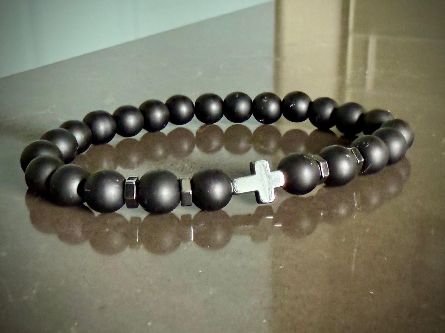 Jewelry - His & Hers Black Onyx and White Howlite Bracelet with Hematite Cross