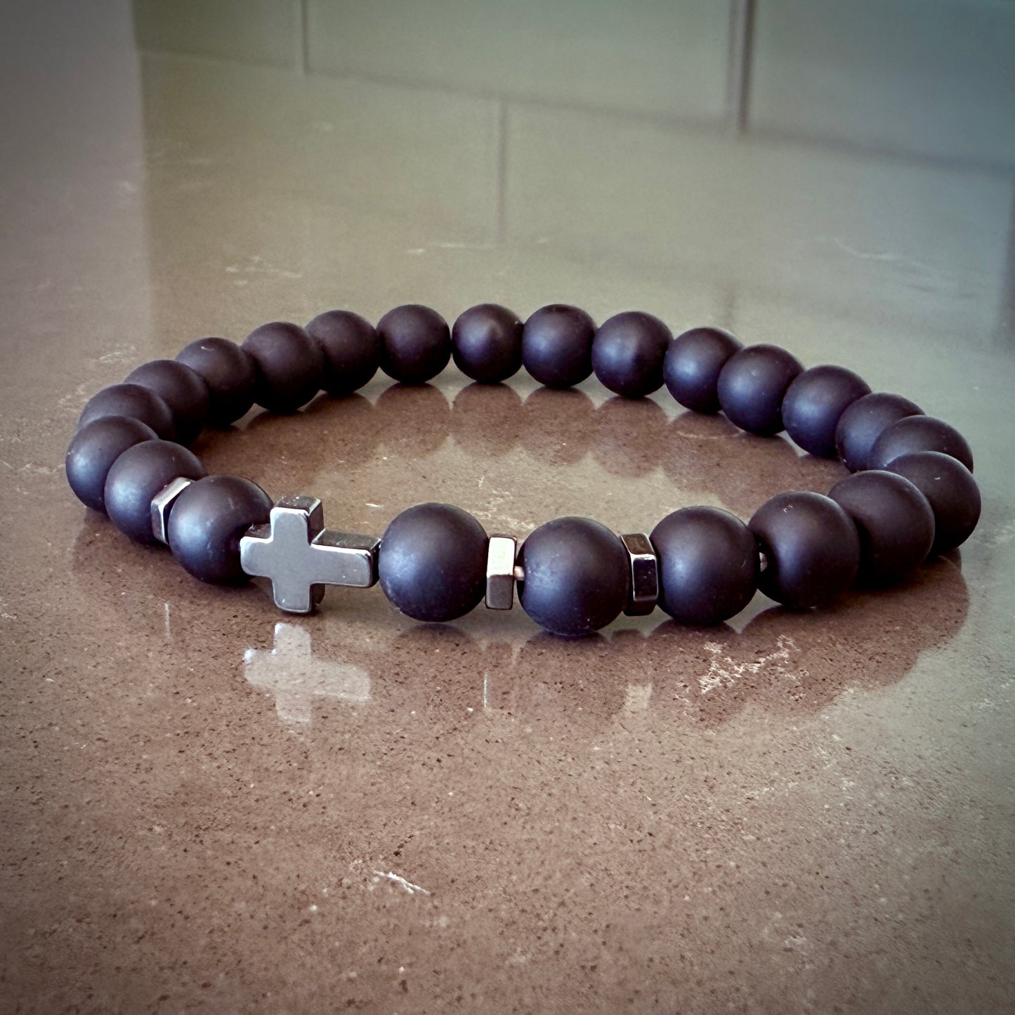 Jewelry - 8mm Black Stone Cross Bracelet with Hematite Cross