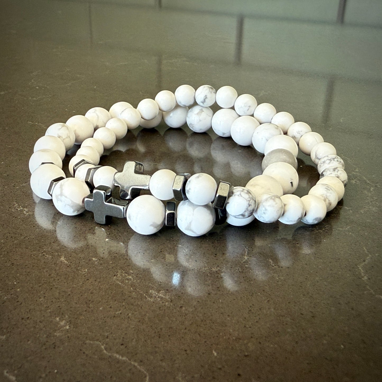 Jewelry - 6mm White Howlite Bracelet with Hematite Cross