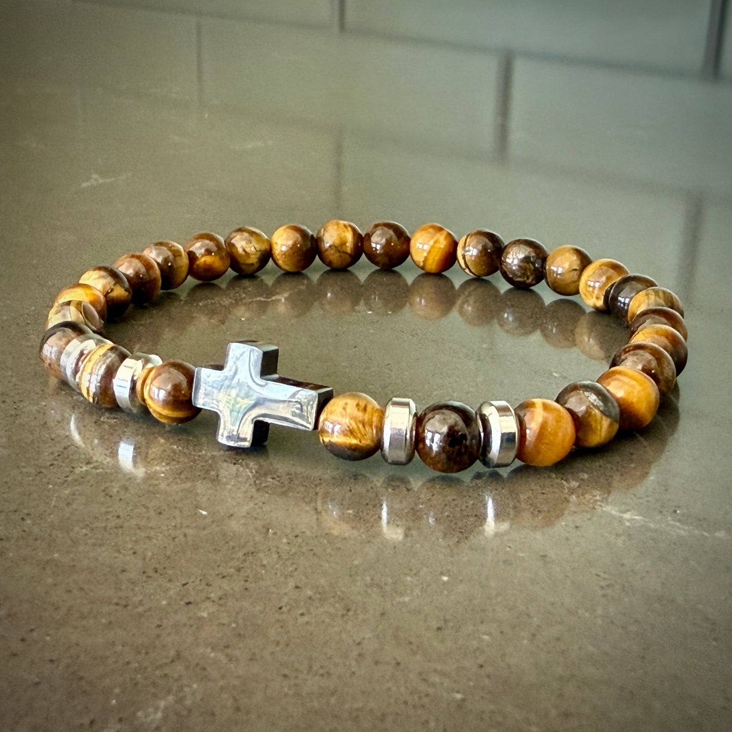 Jewelry - 6mm Tiger Eye Bracelet with Cross