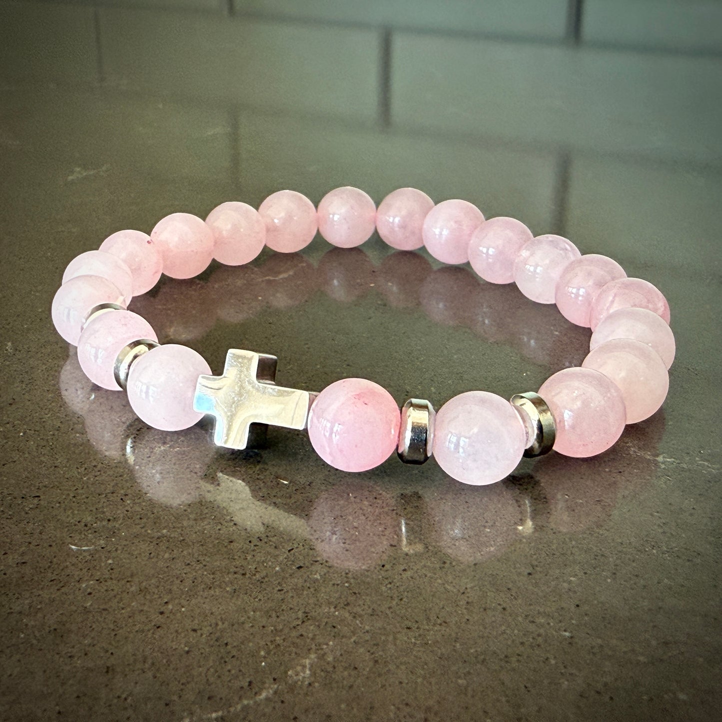 Jewelry - 8mm Rose Quartz Bracelet with Cross