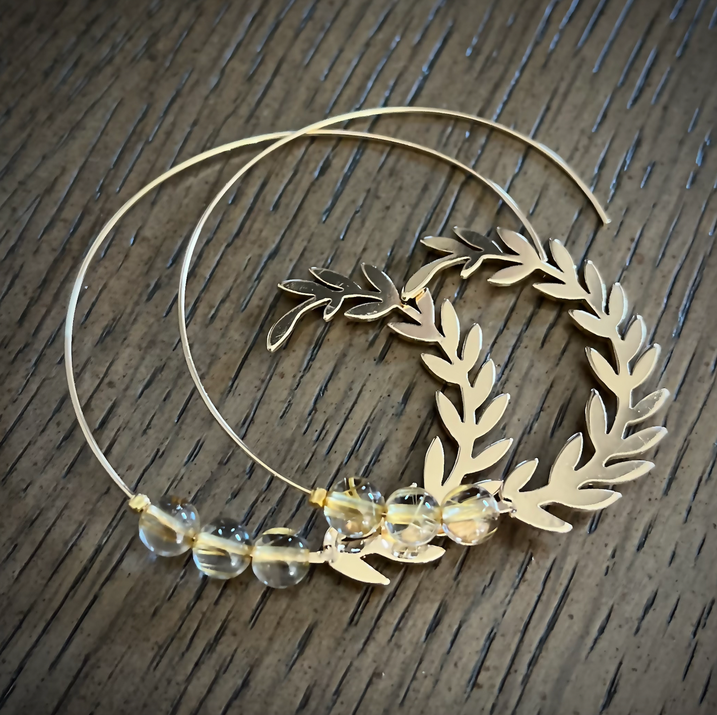 Earrings - Brazilian Golden Rutile Quartz TRIO Gemstones on Golden Leaf Hoops