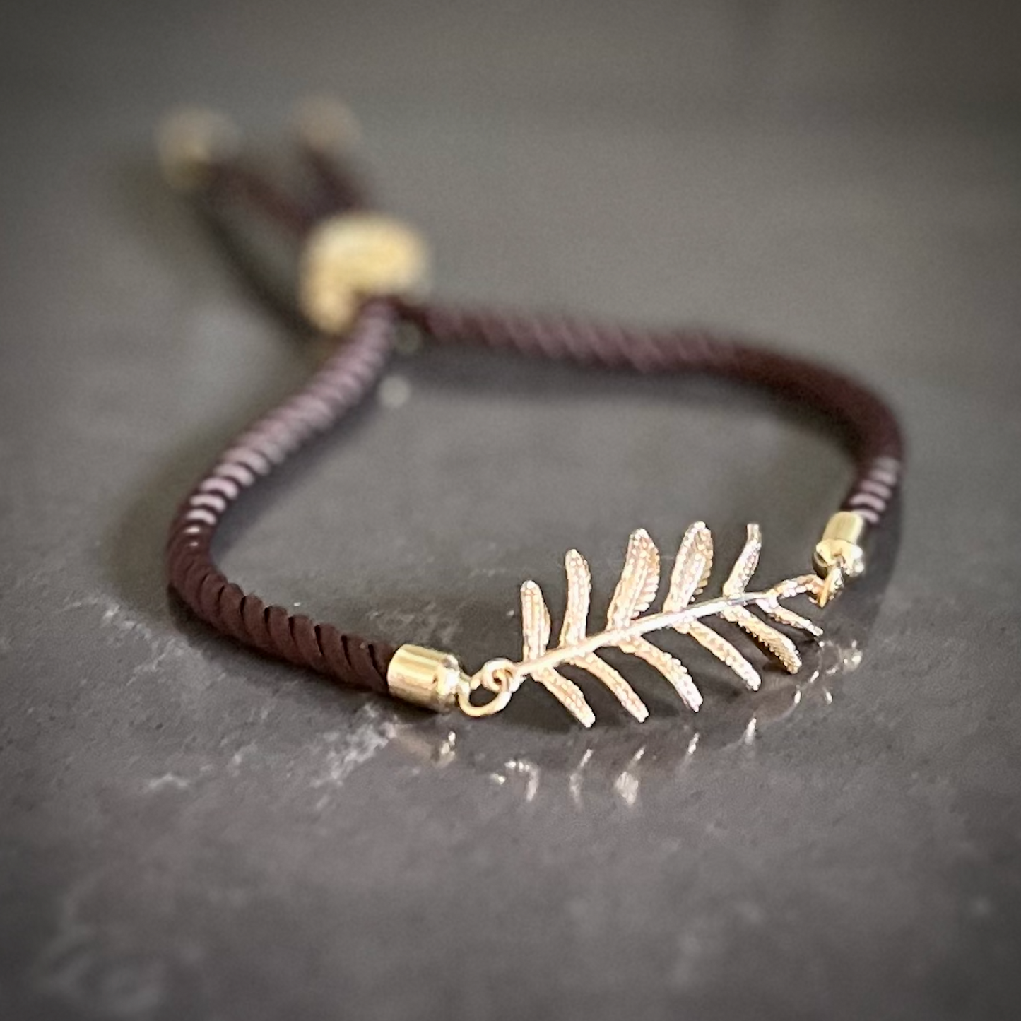 Gold Plated 14K Leafs with Brown Woven Bracelet
