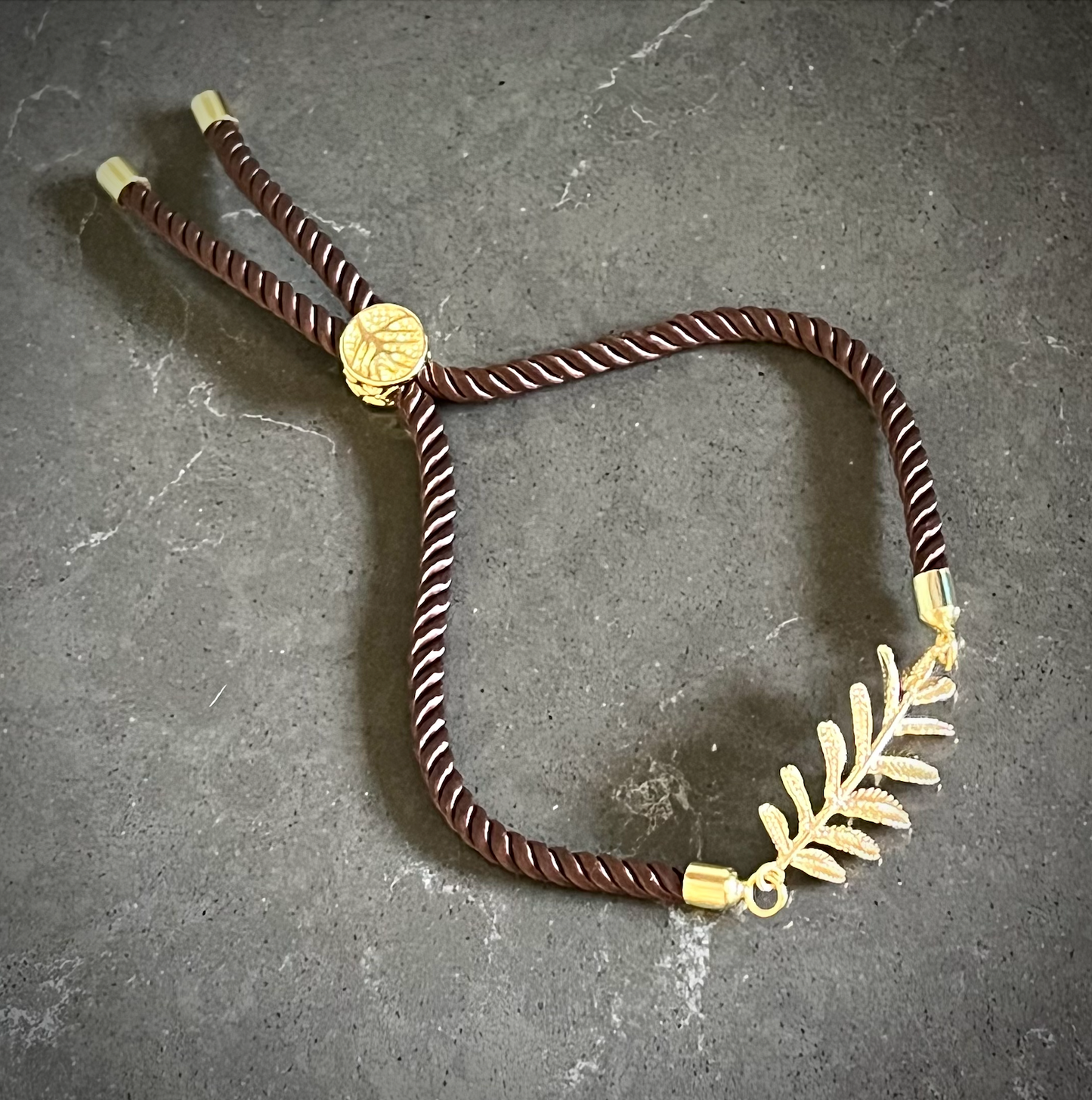 Gold Plated 14K Leafs with Brown Woven Bracelet