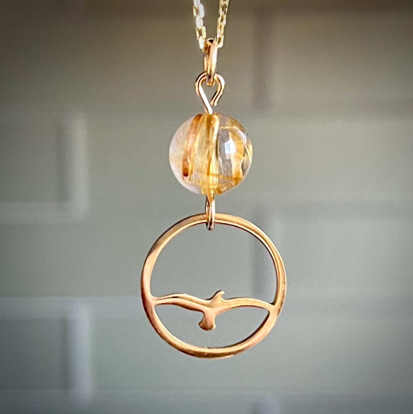 EMF Brazilian Golden Rutile Quartz Gemstone with Gold Bird Charm in 14K Gold