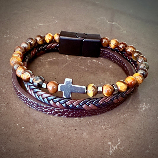 Jewelry - MENS WRAP Tiger Eye Bracelet with Cross