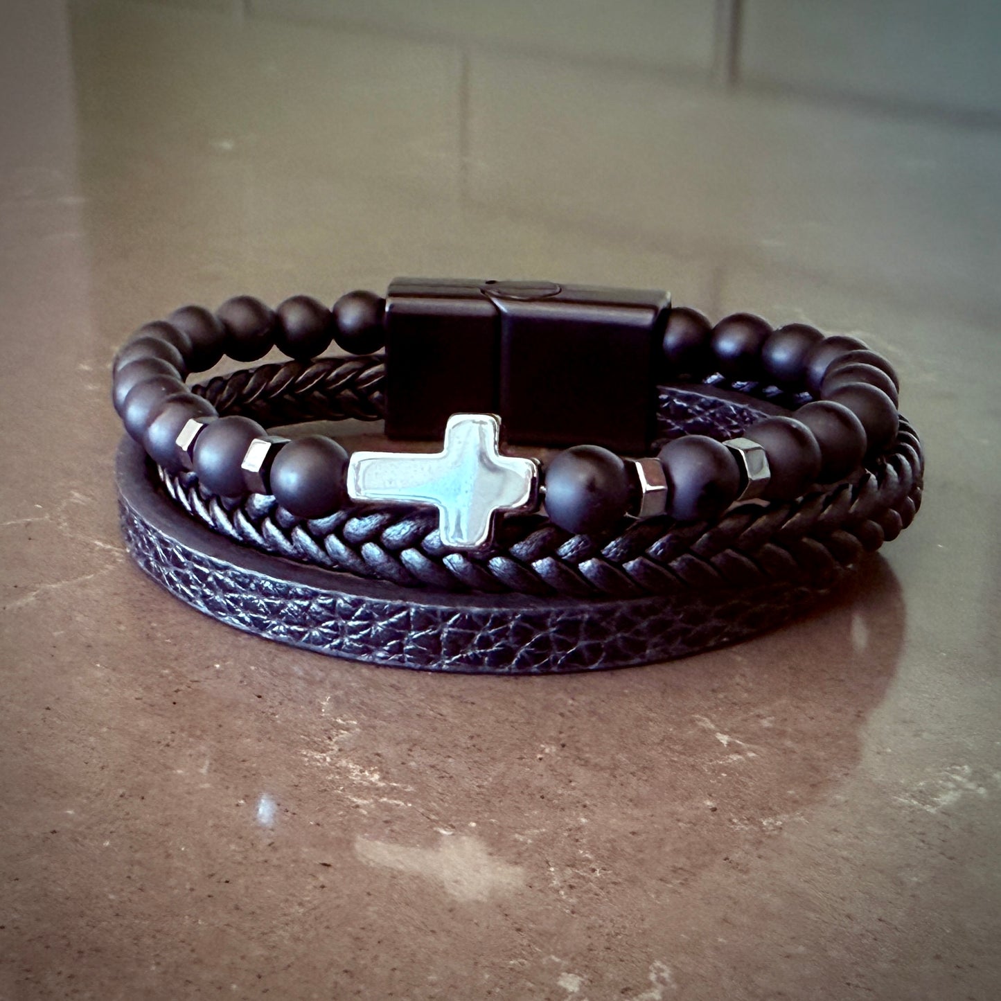 Jewelry - WOMENS OR KIDS WRAP Black Onyx Bracelet with Cross