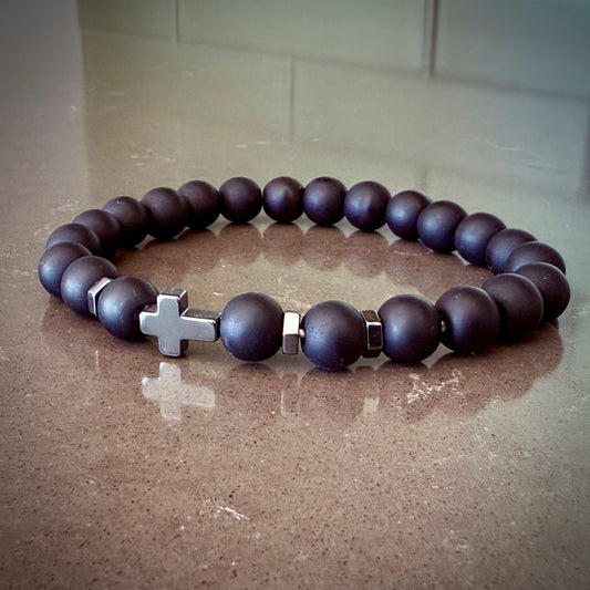 Jewelry - 8mm Black Stone Cross Bracelet with Hematite Cross