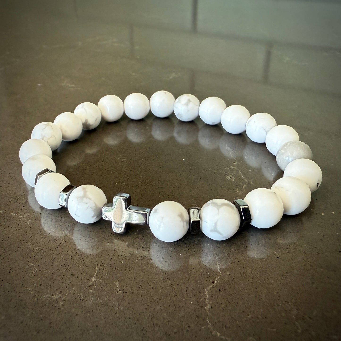 Jewelry - 8mm White Howlite Bracelet with Hematite Cross