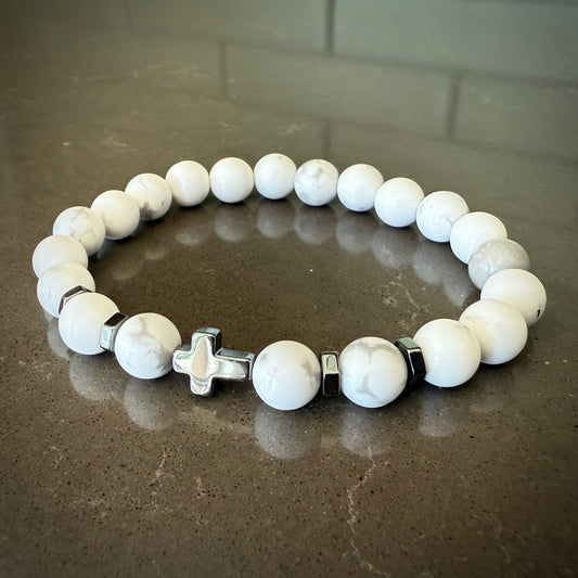 Jewelry - 8mm White Howlite Bracelet with Hematite Cross