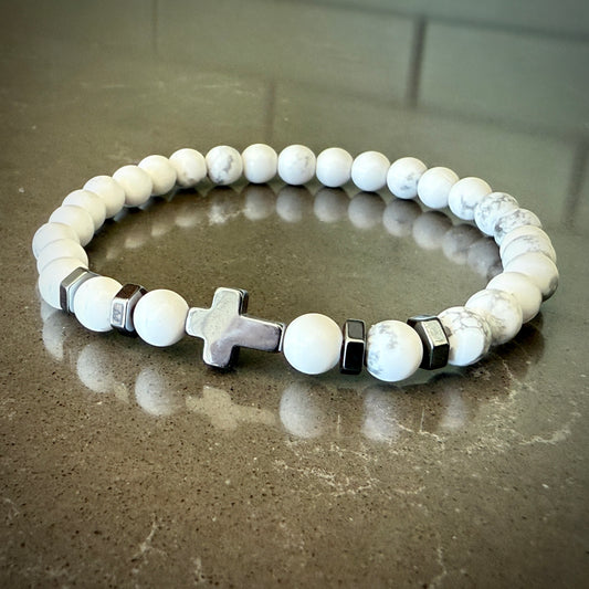 Jewelry - 6mm White Howlite Bracelet with Hematite Cross