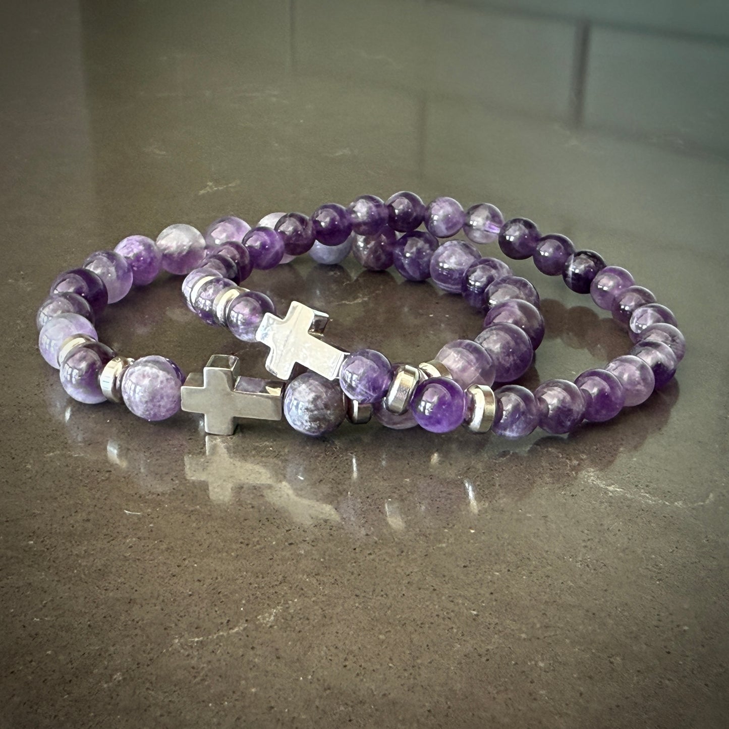 Jewelry - 6mm Amethyst Bracelet with Cross