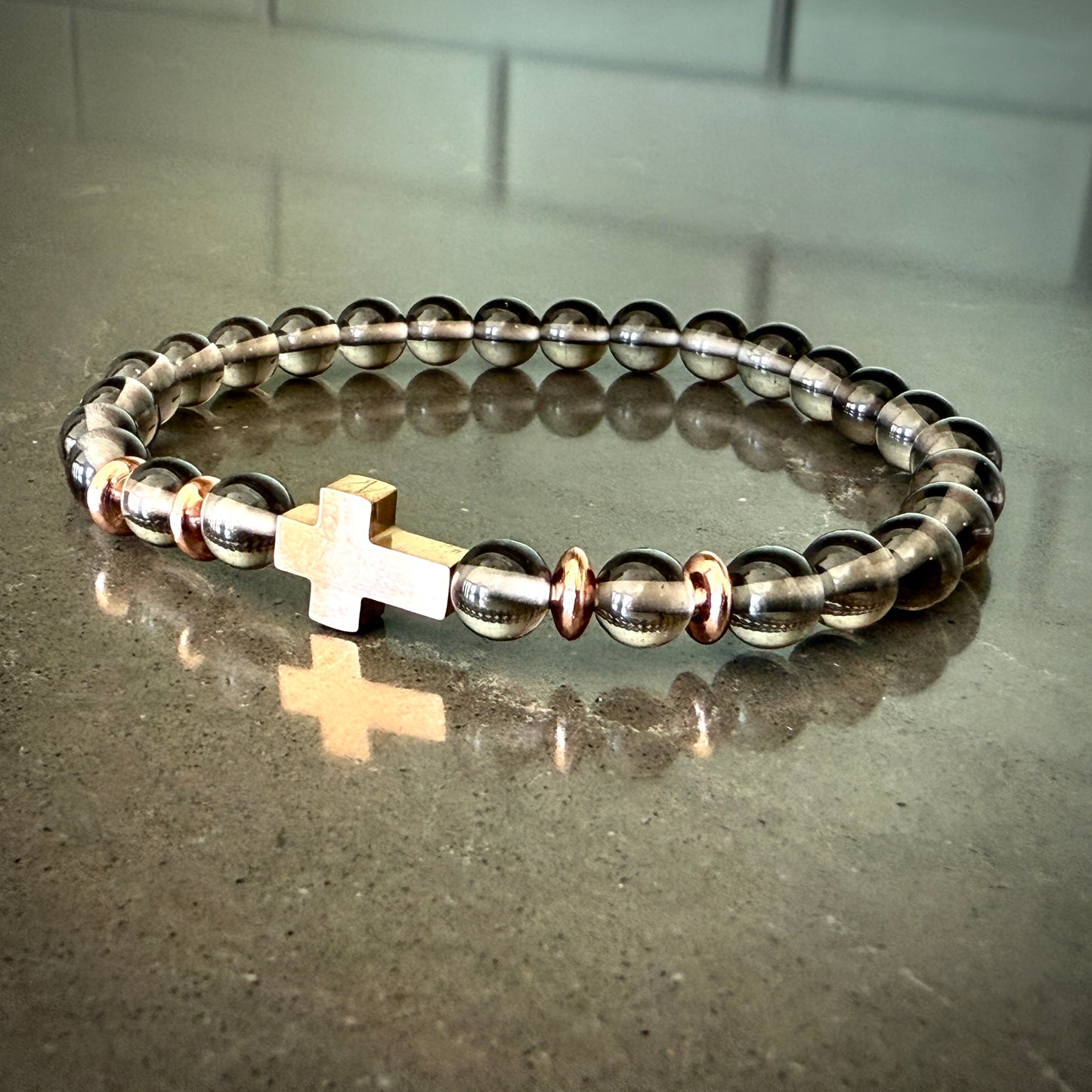 Jewelry - 6mm Smoky Quartz with Gold Cross Bracelet