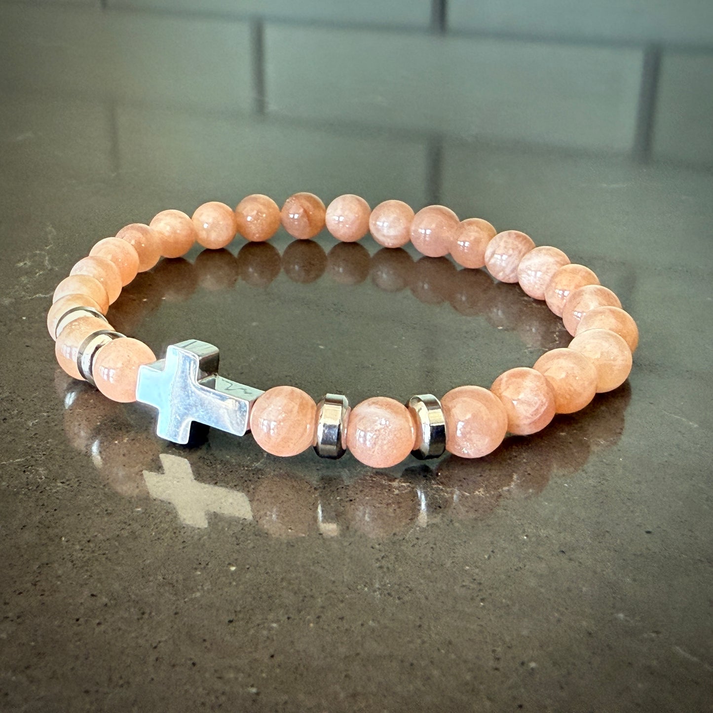 Jewelry - 6mm Sunstone Bracelet with Cross