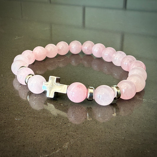 Jewelry - 8mm Rose Quartz Bracelet with Cross
