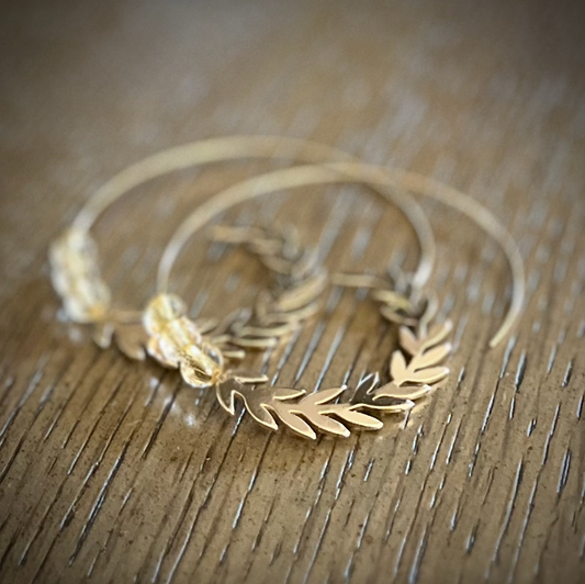 Earrings - Brazilian Golden Rutile Quartz TRIO Gemstones on Golden Leaf Hoops