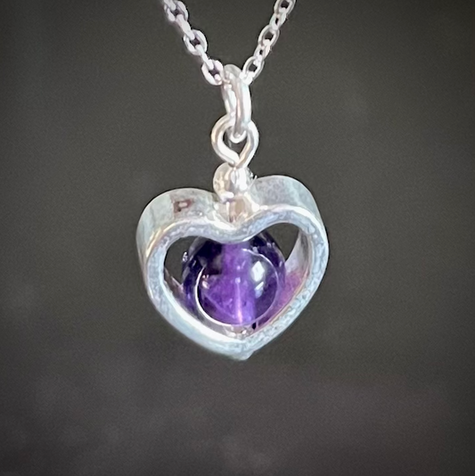 Purple Amethyst Gemstone with Sterling Silver Heart Bead Frame