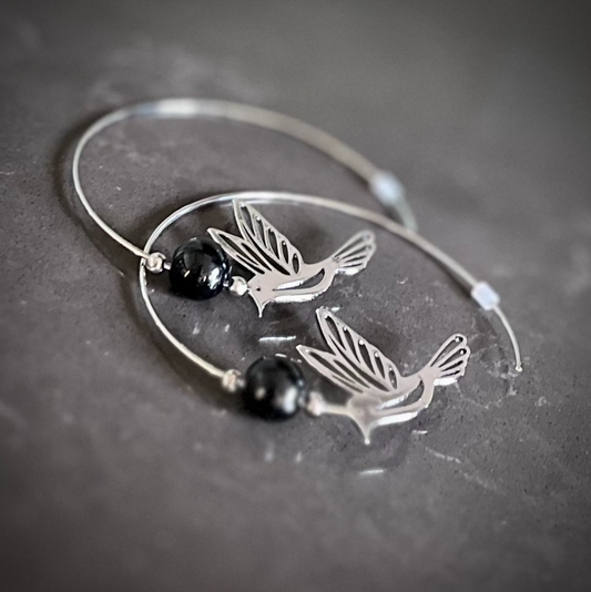 Earrings - Black Obsidian Gemstones on Sterling Bird Hoops