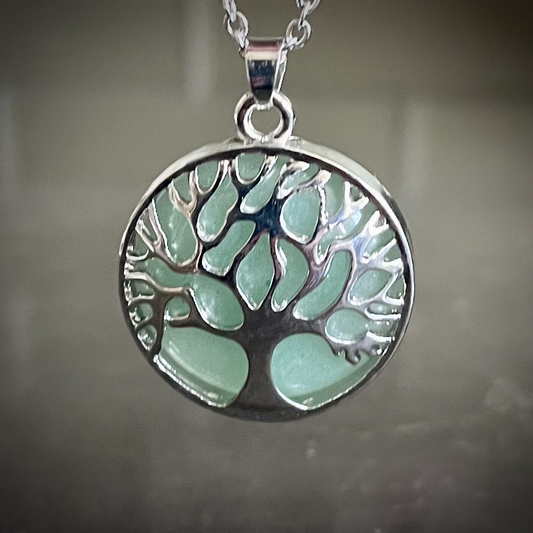 Green Aventurine Gemstone with Tree of Life on Stainless Steel Necklace for X39 Patch Holder